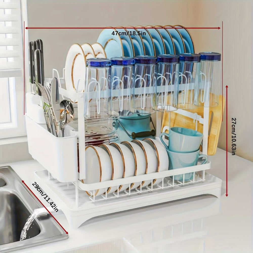Dish Drying Rack 2 Tier with Drainboard for Kitchen Counter Metal Dish Drainer with Utensil Holder Cups Organizer Space Saving Kitchen Drying Rack Black White - product image 10