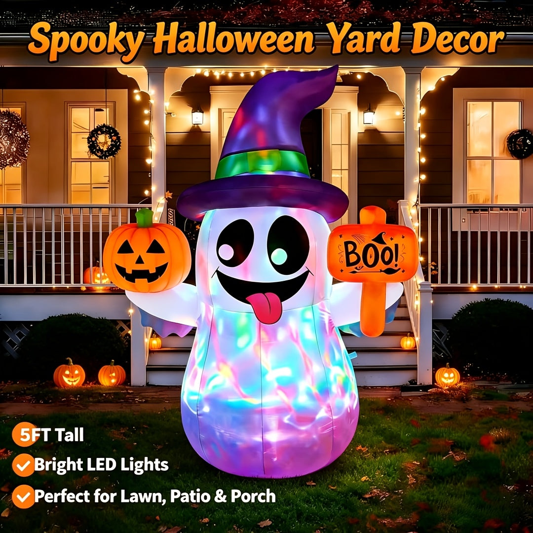 5 FT for halloween Inflatables Ghost Outdoor Decorations, Blow Up Cute Wizard Ghost With Pumpkin, Blow Up Yard Decoration With Rotating Colorful LED For - product image 2