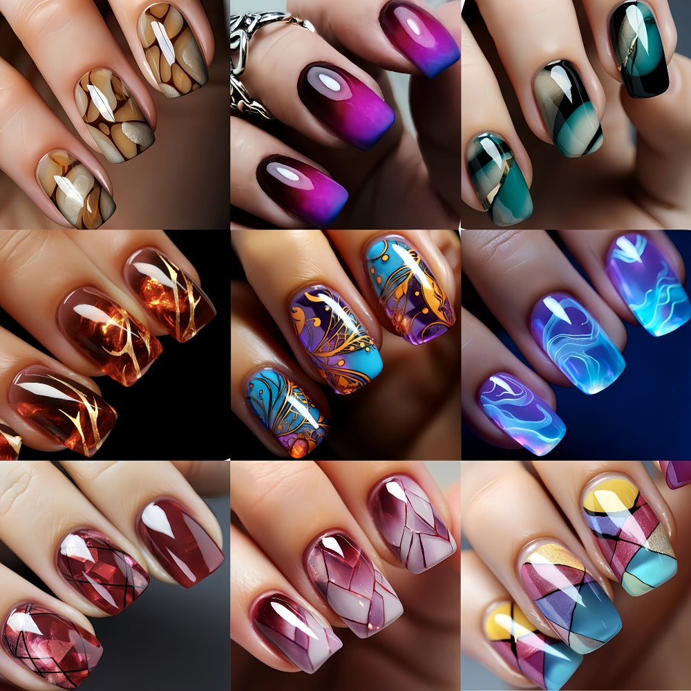Marble Nails 216 Pieces 9 Packs Medium Square Glossy Press On Nails – Striped Gradient Flames Marble Designs Brown Blue Purple Reusable Full Cover Fake Nails for Women Girls - product image 3