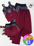 Random Delivery, 3pcs Plus Size Ladies Four Seasons Sexy Lace Suspender Home Service Suit (including Trousers, Shorts and Vest), Black-burgundy-grayish Blue - product image