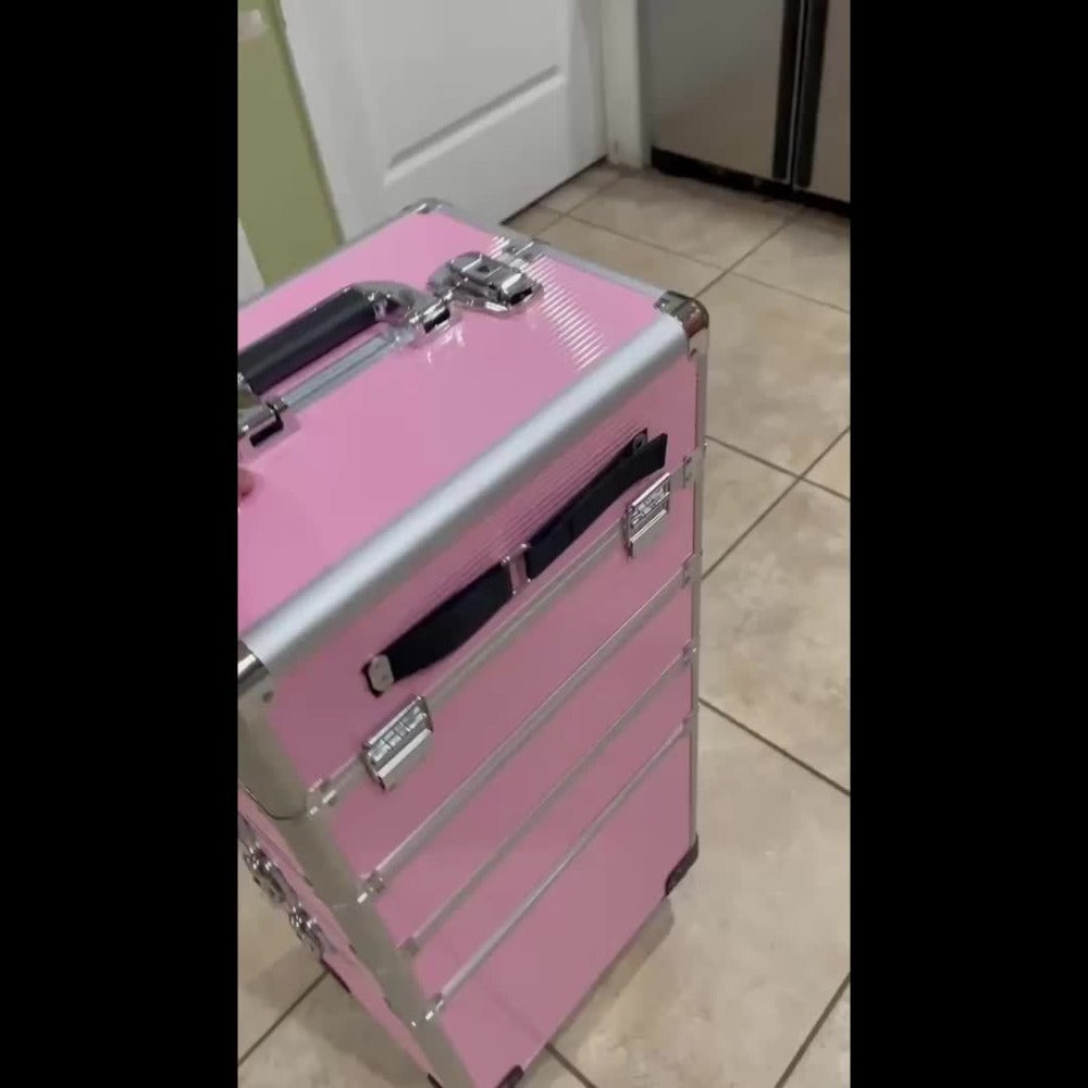 Rolling Makeup Case Aluminum 4-in-1 Extra Large Professional Cosmetic Trolley with 360° Swivel Wheels for Makeup Artist Tattoo Artist Salon Travel Black Pink Silver - product image 12