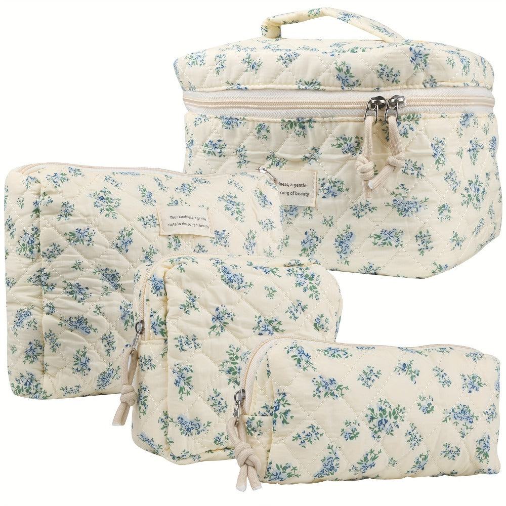 Quilted Makeup Bag Set 4-Piece Floral Rose Coquette Aesthetic Premium Cotton Cosmetic Organizer Travel Toiletry Pouch 4 Sizes for Women Girls Vanity Bathroom Gift - product image