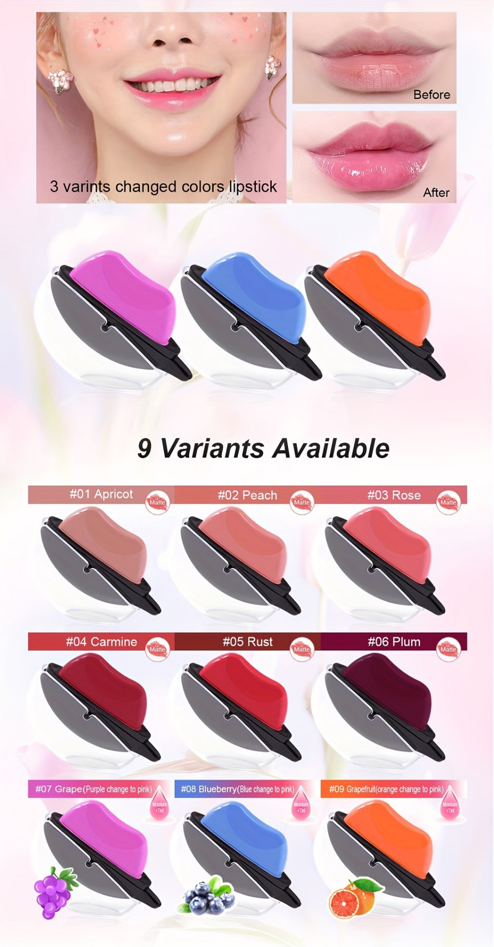 Color Changing Lipstick Set 6pcs Matte pH Reactive Lip-Shaped with Jasmine Scent - Non-Fade Long-Lasting Velvety Formula, Multi-Shade Lip Makeup Gift Set for Women & Girls - product image 11