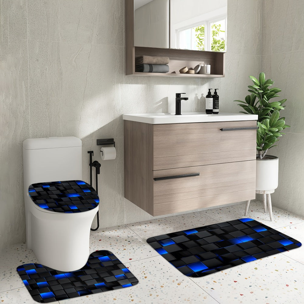 Shower Curtain Set with 12 Hooks & Toilet Seat Cover, 4-Piece Bathroom Set Dark Blue Geometric Abstract Cube Pattern, Modern Waterproof Bath Curtain Set for Bathroom Decor - product image 4