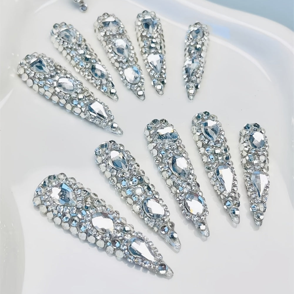 Rhinestone Press On Nails Kit 10pcs Extra Long Almond – Handmade Y2K Silvery Glam Fake Nails with Nail Tools, Stickers & Charms for Women, Party, Christmas, DIY Salon Nail Art Set - product image 3