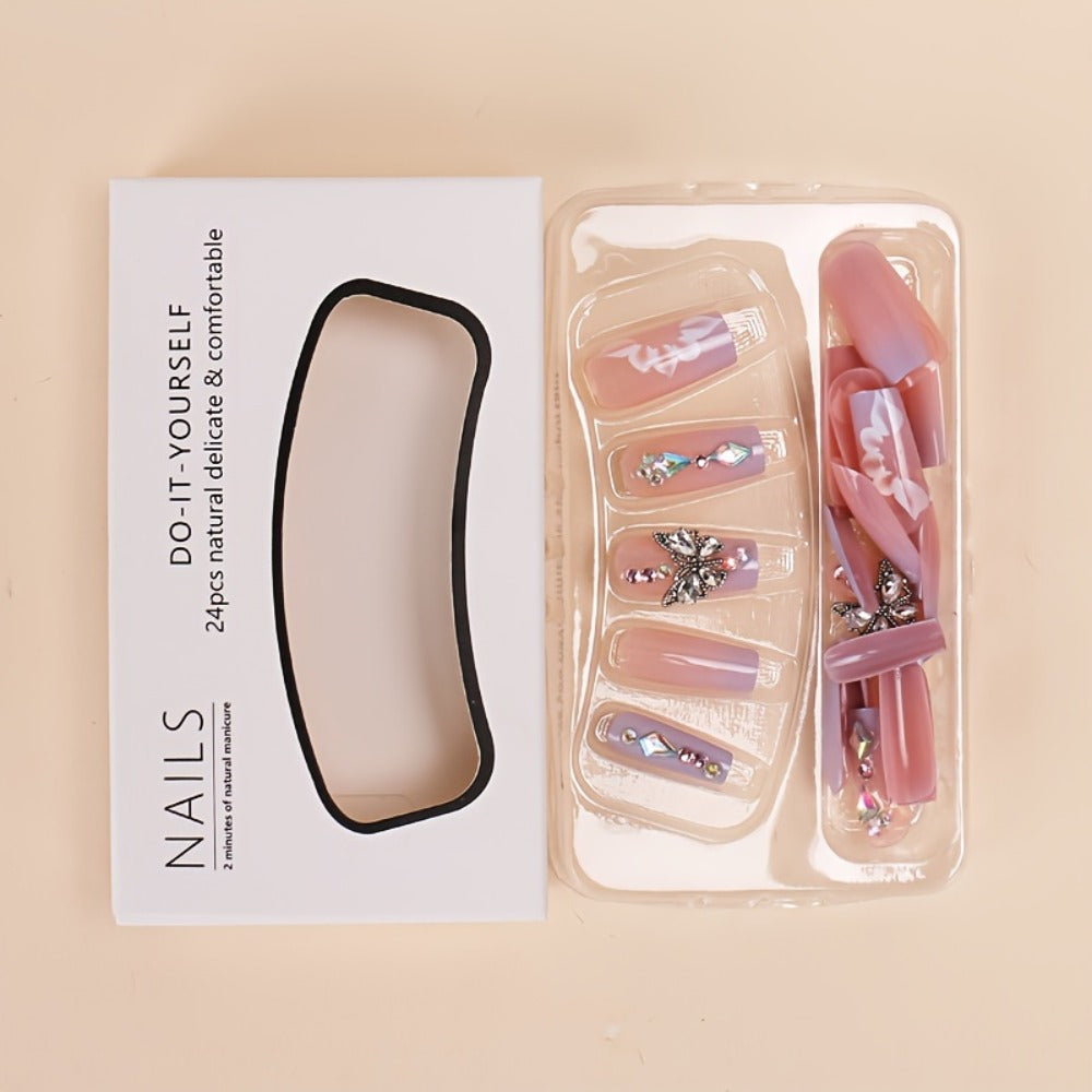 Long Ballerina Press On Nails 96 Pieces 4 Packs + 4 Bracelets Gift Set – Blue Gradient 3D Flower Butterfly Rhinestone Glossy Full Cover False Nails & Beaded Bangles for Women Girls - product image 15