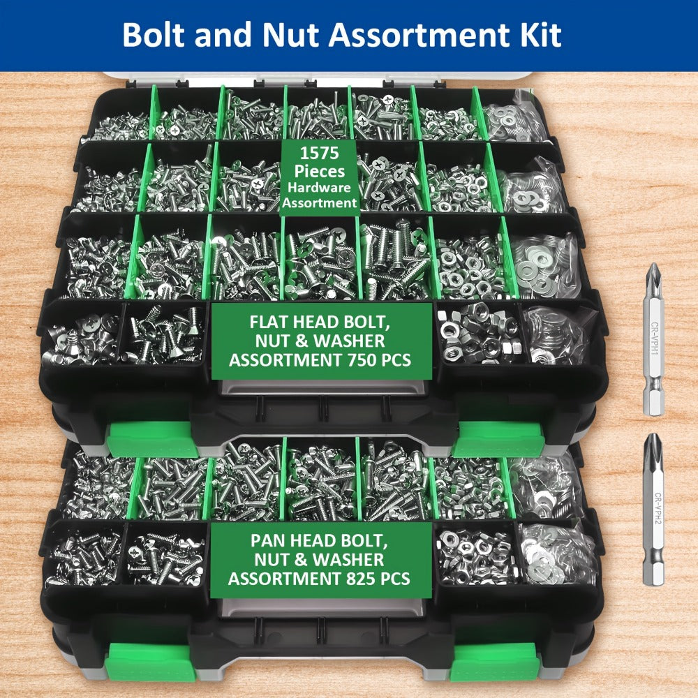 1575pcs 304 Stainless Steel Nuts and Bolts Assortment Kit – Pan Head Flat Head Screws Nuts Washers with Double-Sided Storage Box for Home & Mechanical Repairs - product image 13