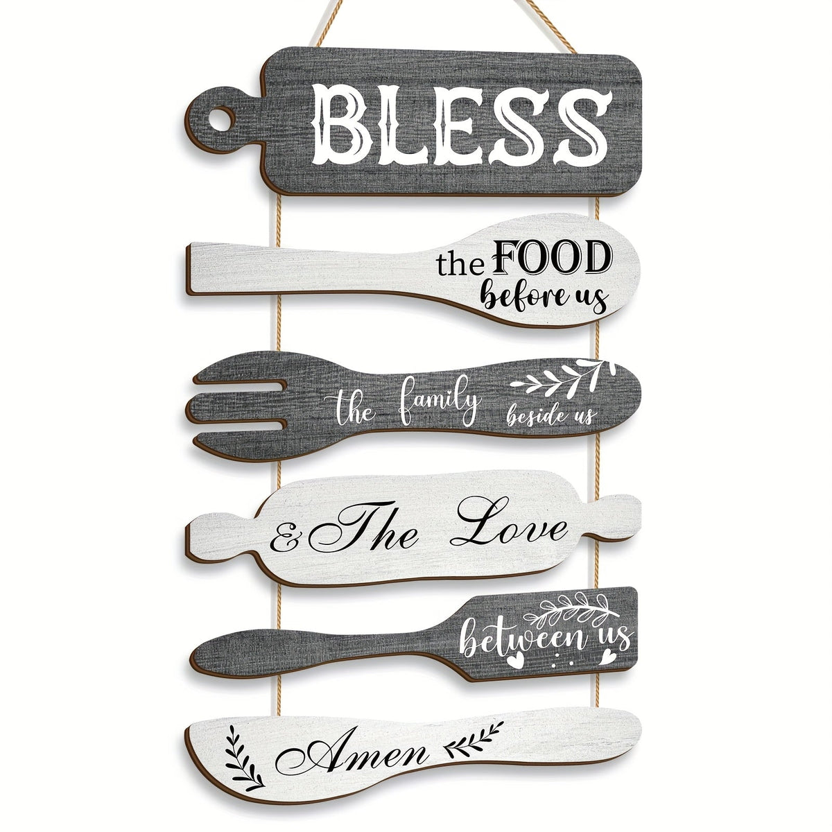 Farmhouse Wall Decor Wood Sign Set - "Bless The Food Before Us" Rustic Kitchen Dining Room Hanging Plaque, 6-Piece Rope Wood Board Art, Housewarming Thanksgiving Gift for Home - product image 11