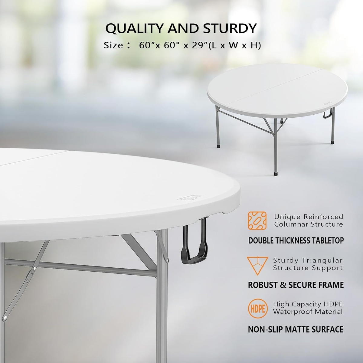 Round Folding Table 48" / 60" Bi-Fold HDPE 1.75" Thick Top Rust-Resistant Steel Frame for Wedding, Party & Commercial Events — 1, 2 or 4 Pack - product image 8