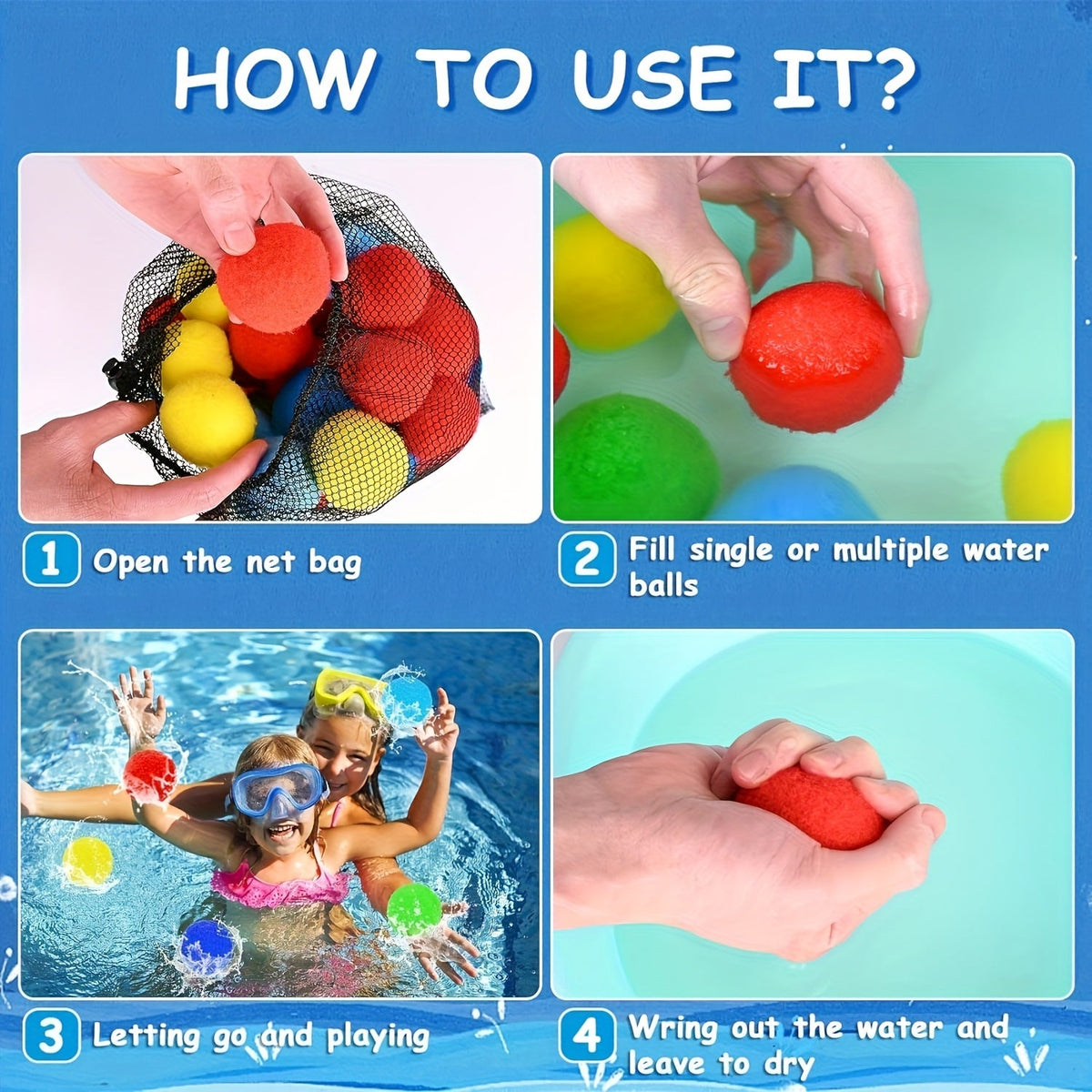 No-Tie Refillable Water Bomb Set for Pool Party, Backyard Summer Fun & Kids Outdoor Games, Includes Storage Mesh Bag, Great Summer Gift for Children – Reusable Water Balloons 36 Pack with Sponge Balls