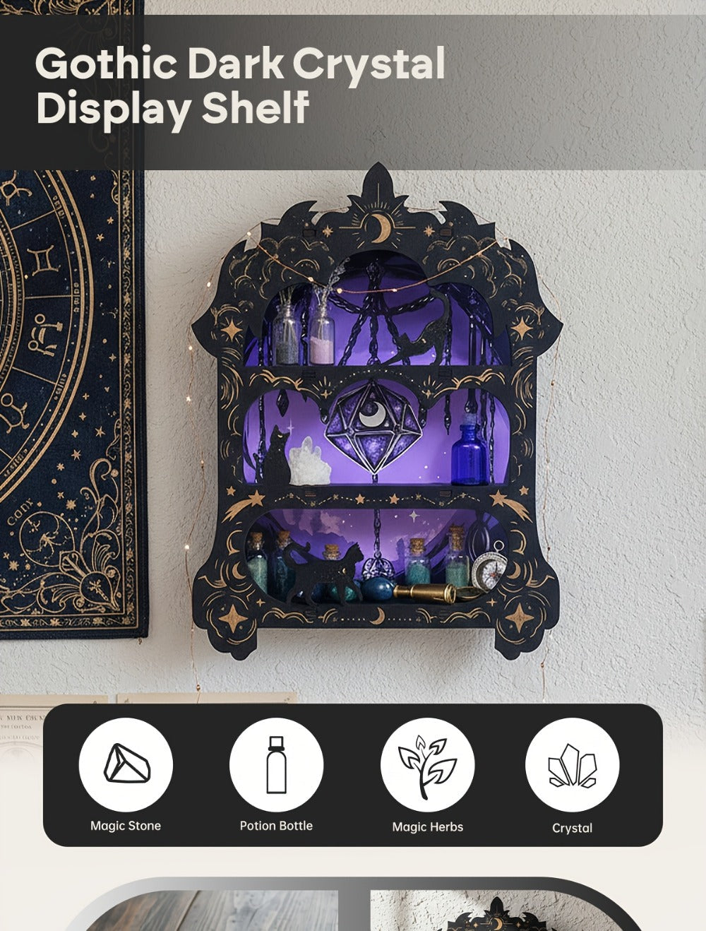 Wooden Floating Shelf for Crystals - Wall Mounted Crystal Display Shelf Rock Gem Stone Storage Organizer Essential Oil Holder Wicca Meditation Spiritual Home Decor Gift - product image 12