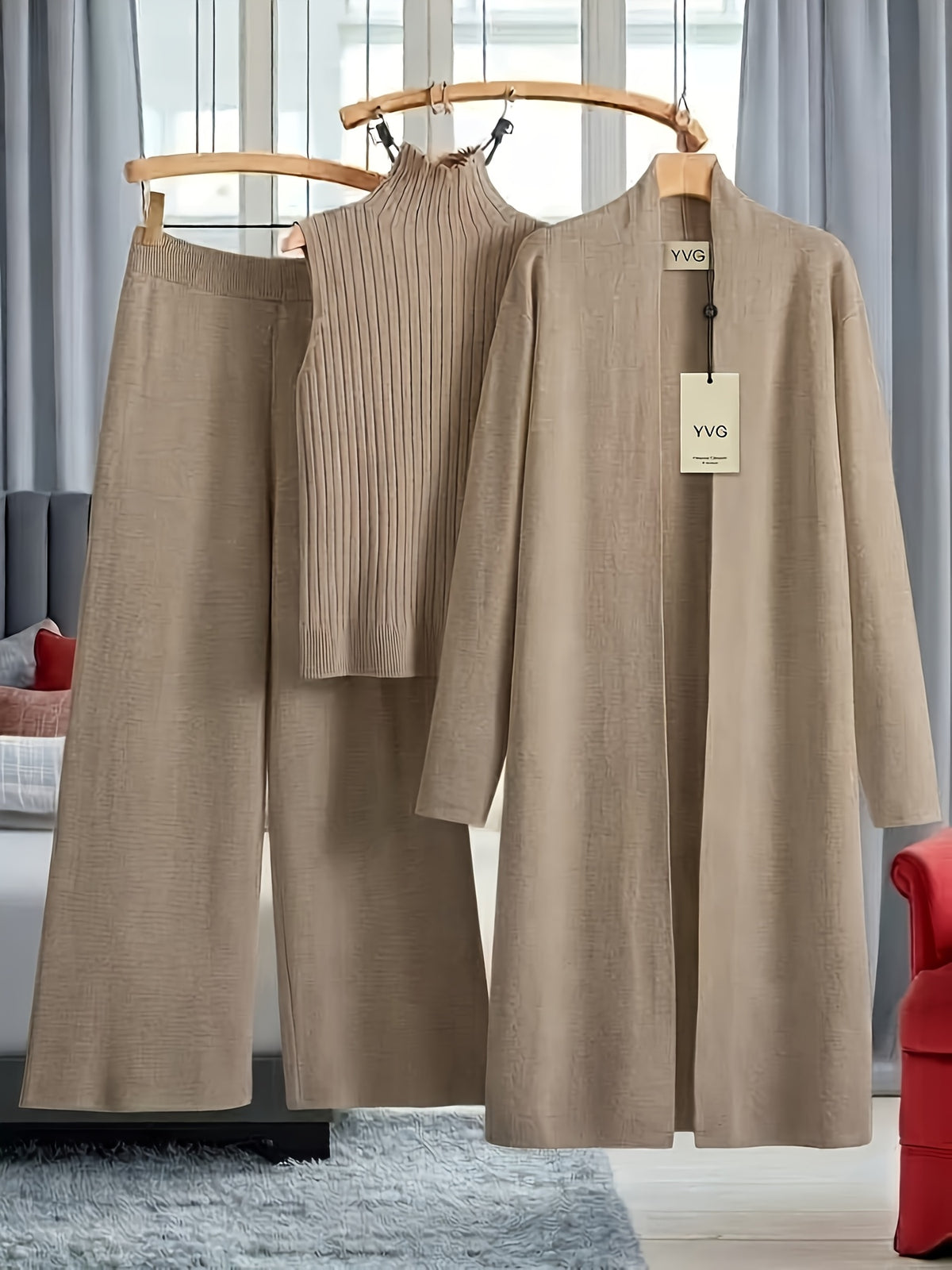 Genuine - Women's Autumn and Winter New Loose Set: Long Wide-Leg Pants + Shawl Cardigan + High-Collar Sweater Vest Fashion Three-Piece Set