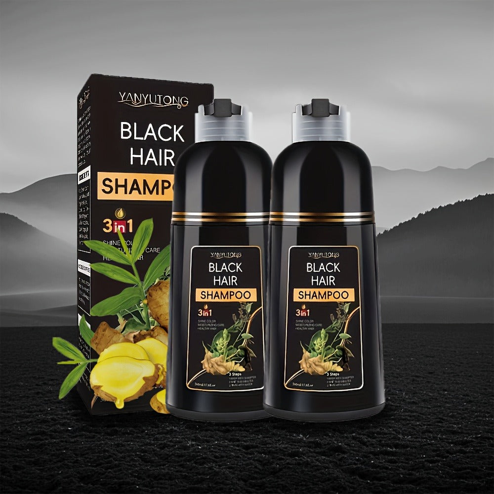 Black Hair Dye Shampoo 3-in-1 with Beard Dye & Cleanser - Natural Herbal Formula, Gentle Moisturizing Long-Lasting Gray Coverage for All Hair Types, Women & Men, 16.91oz x2 / 500ml - product image