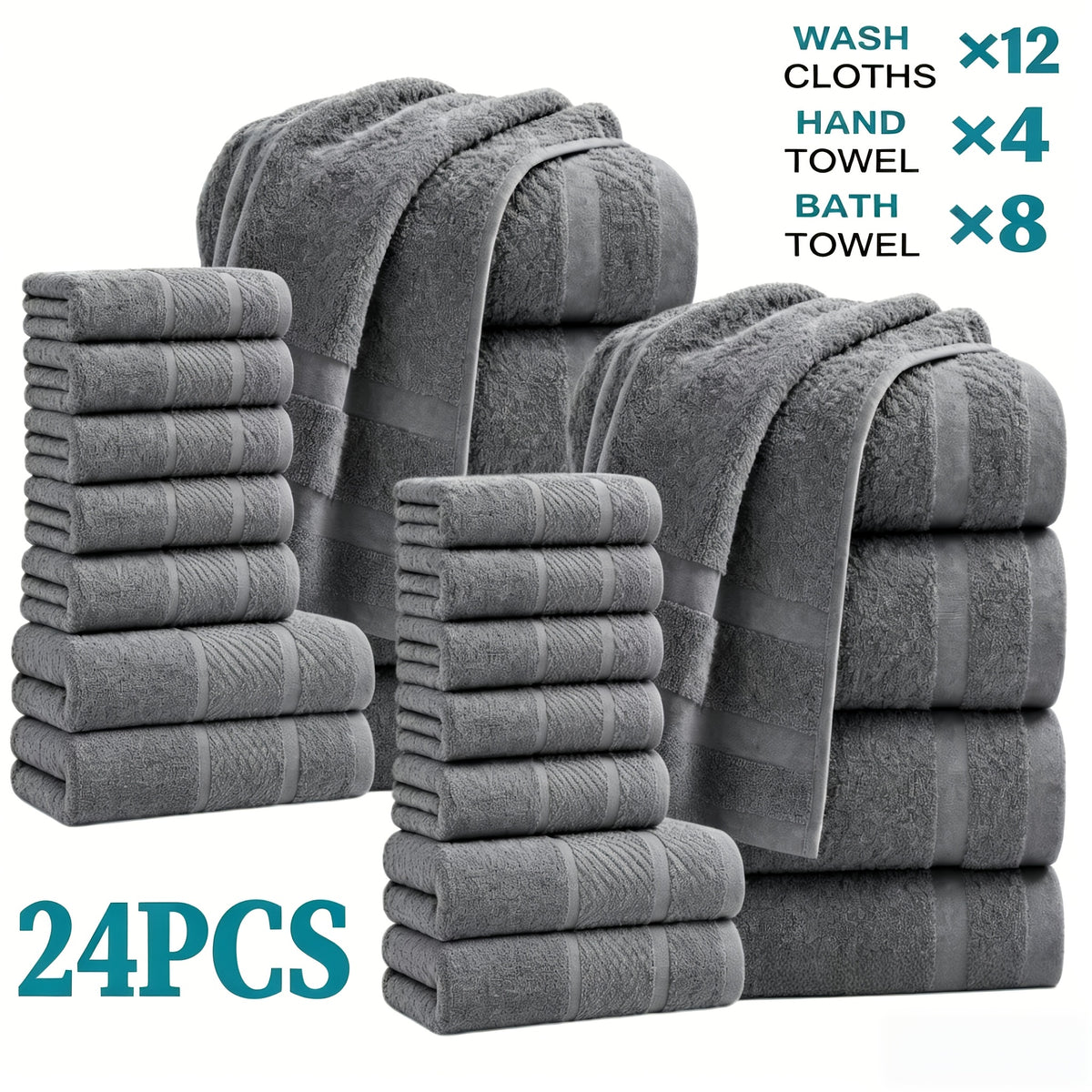 24 pcs Bath Towel Sets, Solid Color Cotton Blend Bathroom Towel, 8/4 Bath Towels +4/2Hand Towels + 12/6Washcloths, Multiple Colors Available, Soft and - product image 9