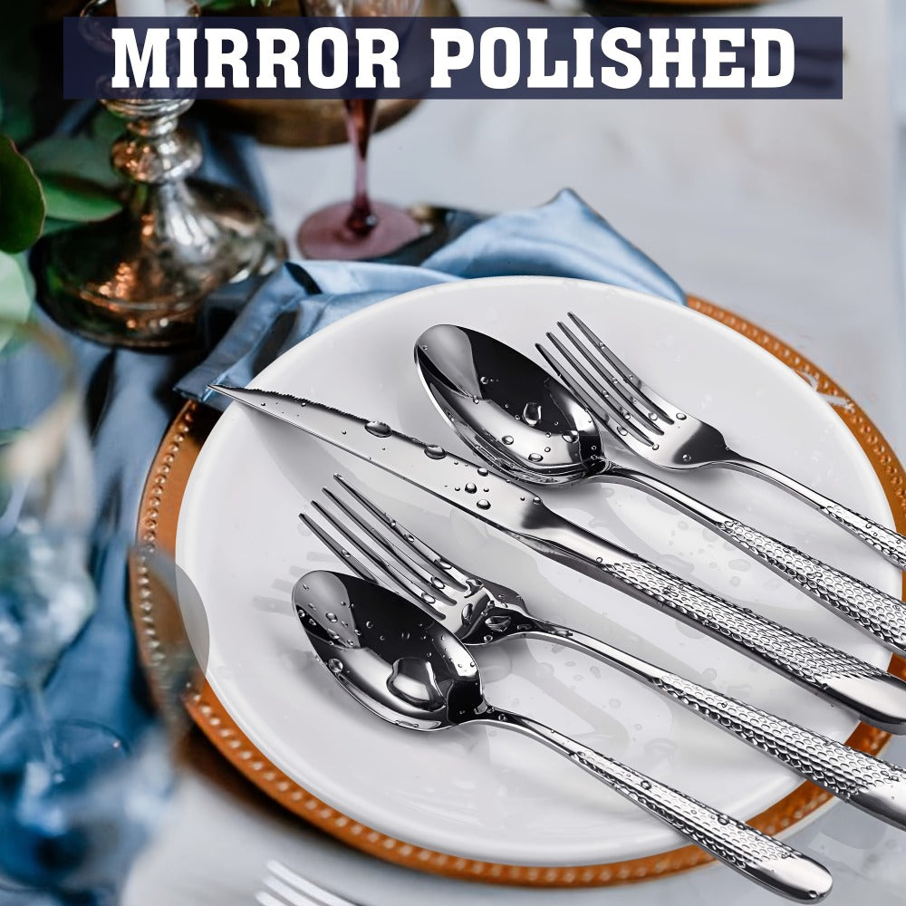 Stainless Steel Flatware Set 40/48 Piece – 304 Silverware Set for 8 Hammered Mirror Polished Rose Gold Cutlery with 2-in-1 Serrated Knife Dishwasher Safe Modern Utensils for Home R - product image 2