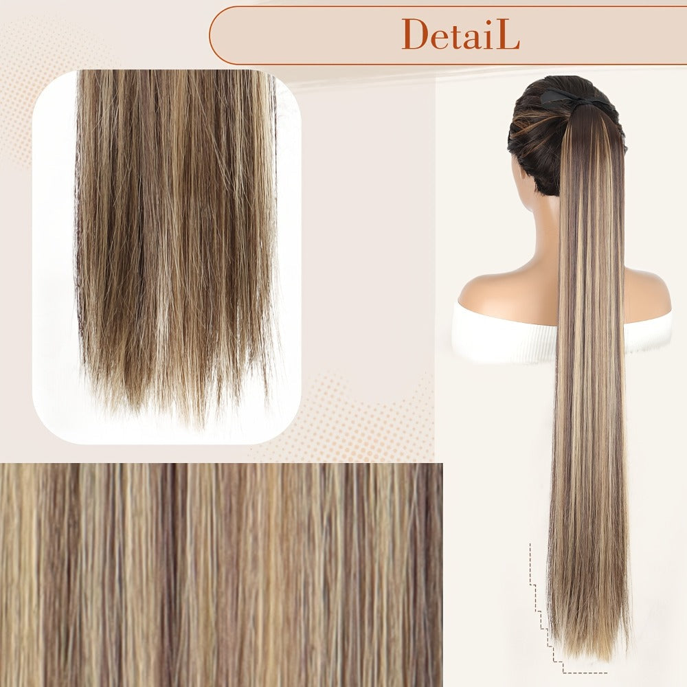 34 Inch Straight Ponytail Extension Ribbon Wrap – Long Sleek High Temperature Fiber Hairpiece for Women | Instant Wrap On Ponytail | Daily Wear Party Wedding | Brown Linen Champagn - product image 3