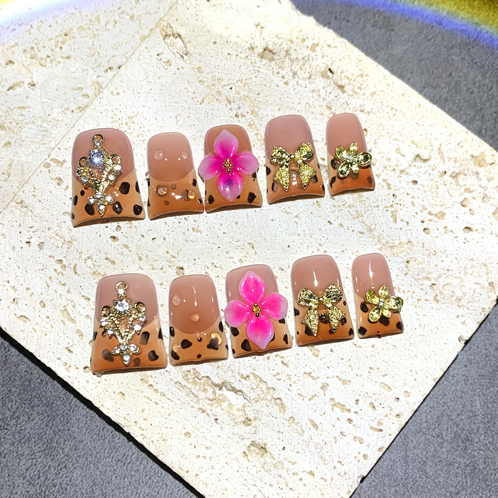 Press On Nails 5D Carved Duckbill Shape Medium Length Brown Pink Gradient Flower Milk Pattern Glossy Handmade Autumn Winter Fake Nails 10pcs Salon Quality UV Protected for Party Ba - product image 14