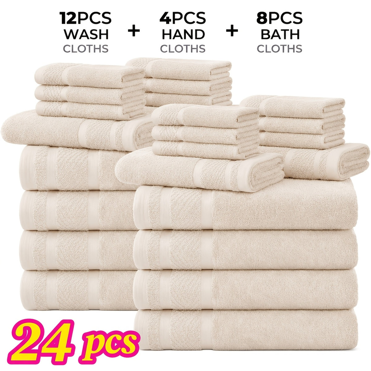 24 pcs Bath Towel Sets, Solid Color Cotton Blend Bathroom Towel, 8/4 Bath Towels +4/2Hand Towels + 12/6Washcloths, Multiple Colors Available, Soft and - product image 11