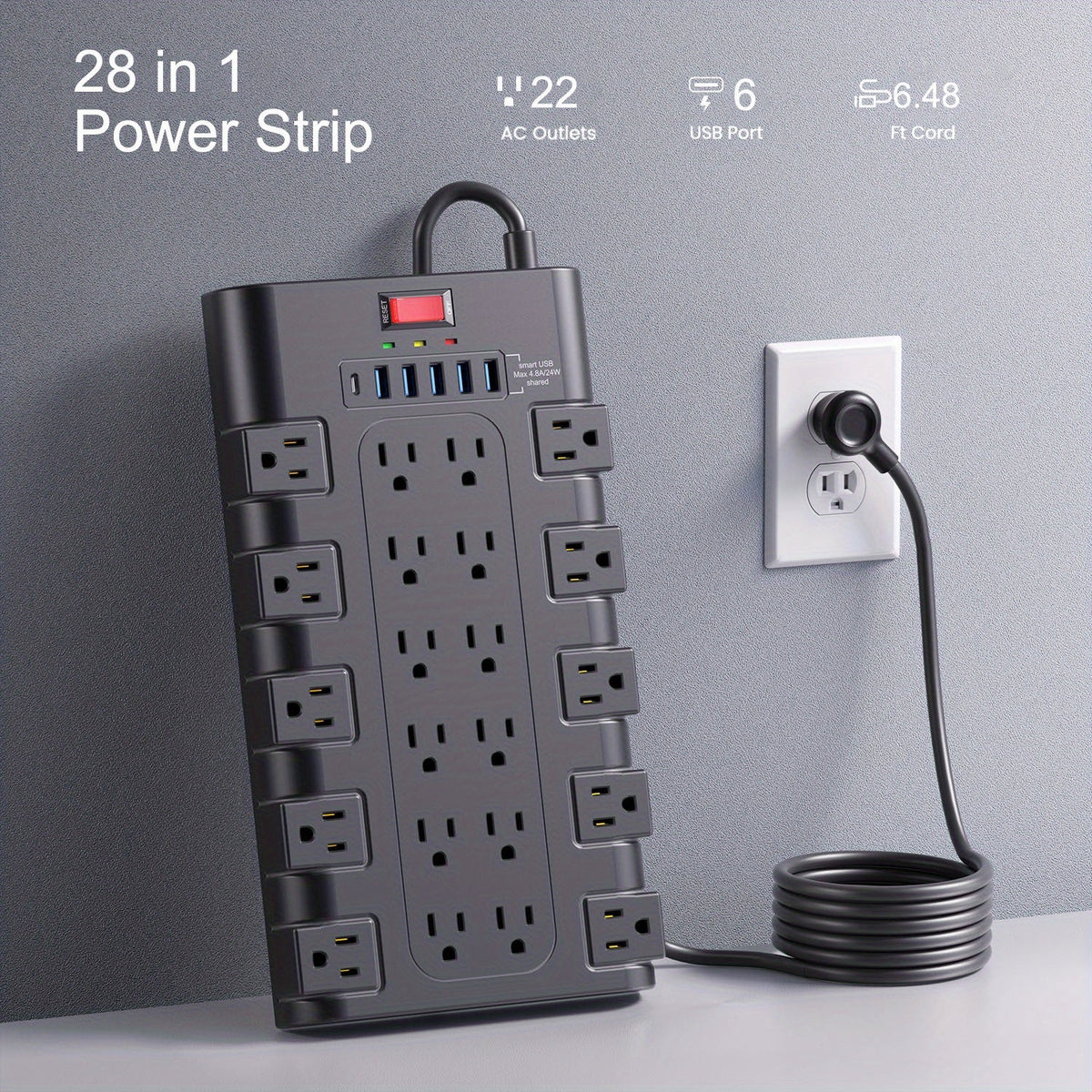 Power Strip Surge Protector 28-in-1 with 22 Widely Spaced Outlets 5 USB-A 2 USB-C Ports 2100 Joules Flat Plug Wall Mountable 6.48FT 14AWG Heavy Duty Extension Cord for Home Office - product image 13