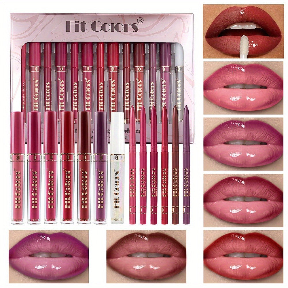 Lip Liner and Lip Gloss Kit 13 Piece Matte Non-Stick Waterproof Pigmented Long-Lasting Moisturizing Lip Glaze Combo Set for Defined Glossy Lips Women Girls - product image