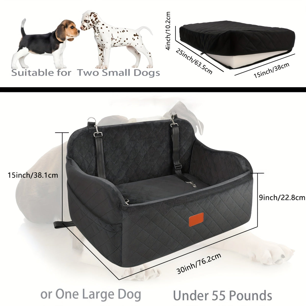 Memory Foam Pet Travel Car Bed with Seat Belt Pass-Through, Adjustable Straps, Removable Washable Cover, Harness Channel & 3-Strap Easy Installation, 4 Colors | Dog Car Seat for Medium & Large Dogs