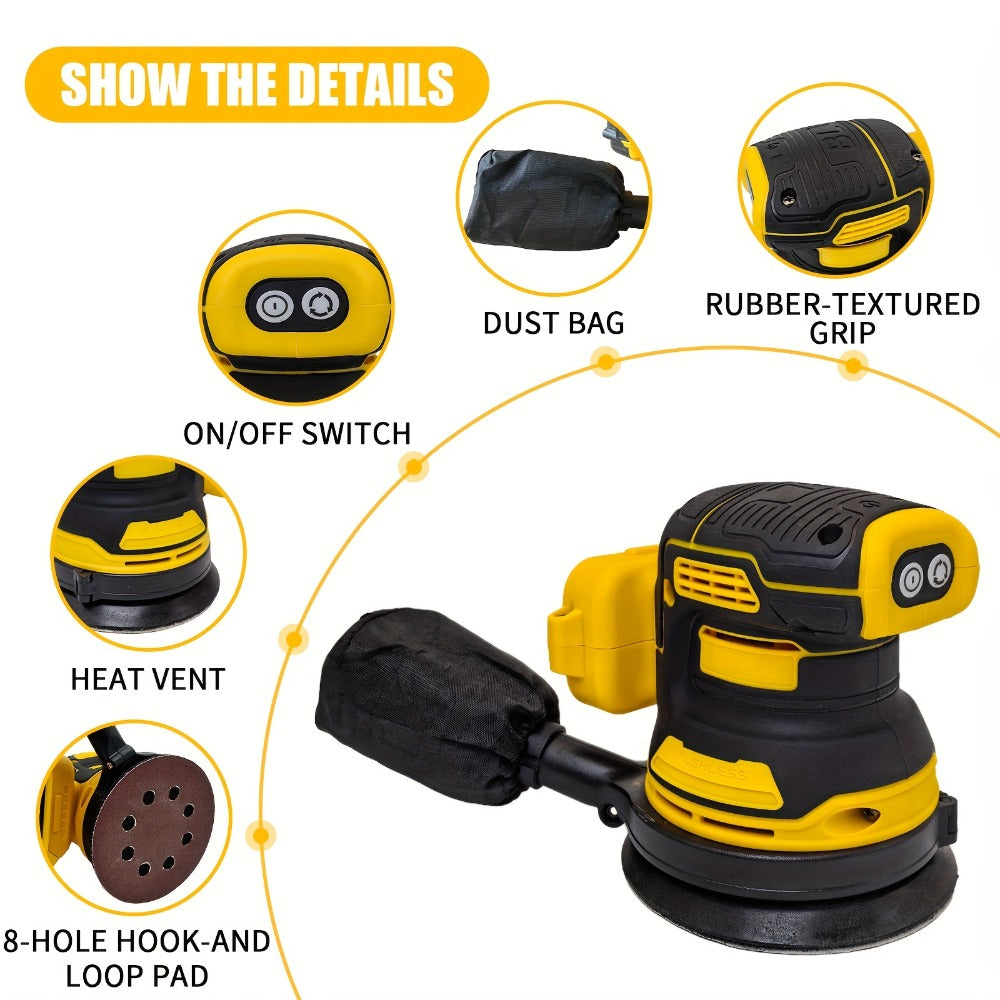 Cordless Orbital Sander Compatible with DeWalt DCB Battery – 5-Inch Brushless Motor Variable Speed Palm Sander with 30pcs Sandpapers & Dust Collection Bag for Woodworking - product image 8
