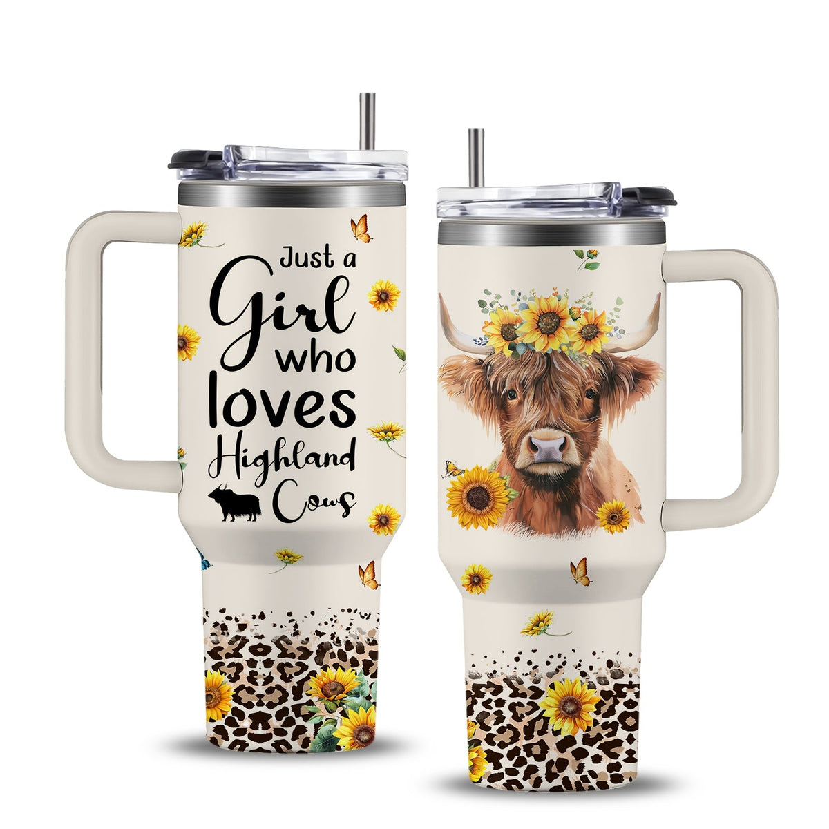 40oz Stainless Steel Tumbler with Handle and Lid | Cow Print Insulated Travel Cup for Hot & Cold Drinks, Double Wall Vacuum Tumbler for Camping, Sports & Outdoor Use, Cute Cow Lover Gift for Birthday & Holiday