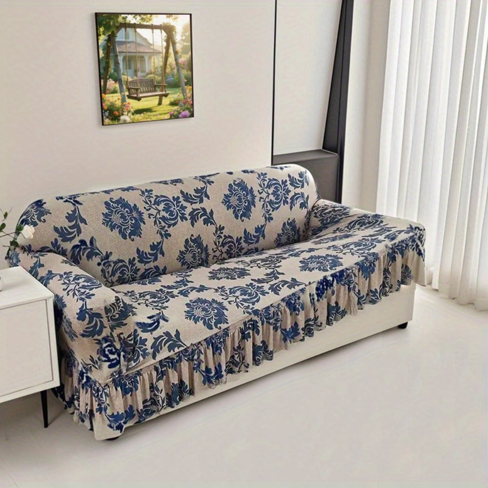 Stretch Sofa Cover Slipcover High-Stretch Fabric Ruffle Skirt Non-Slip Rod All-Season Snug Fit for 1 2 3 4 Seater Couch — Dark Blue with Pillow Cover - product image 9