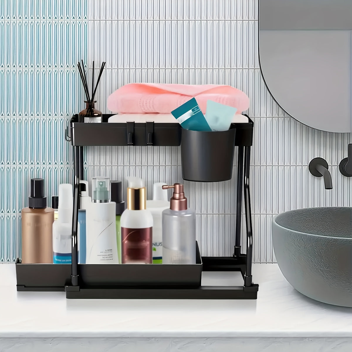 2pcs Under Sink Organizer with Sliding Shelves Multi-Purpose Black Plastic Storage Basket for Bathroom and Kitchen Cabinet Durable Construction Bathroom - product image 11