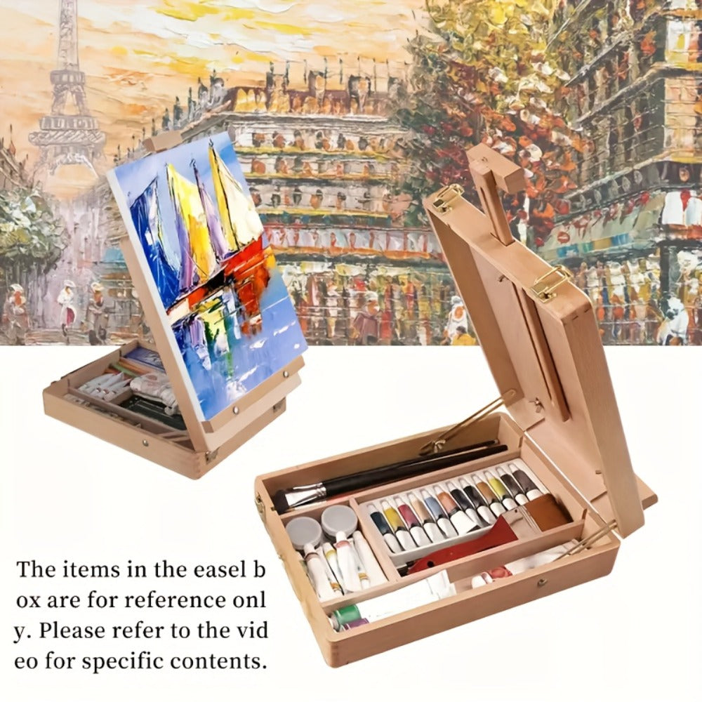 Plein Air Painting Set 14 Piece – Complete Outdoor Art Kit for Artists Adults Beginners – Carry-along Sketch Box with Adjustable Wooden Tabletop Easel Paint Canvas Tray 4 Brushes & Palette Knife