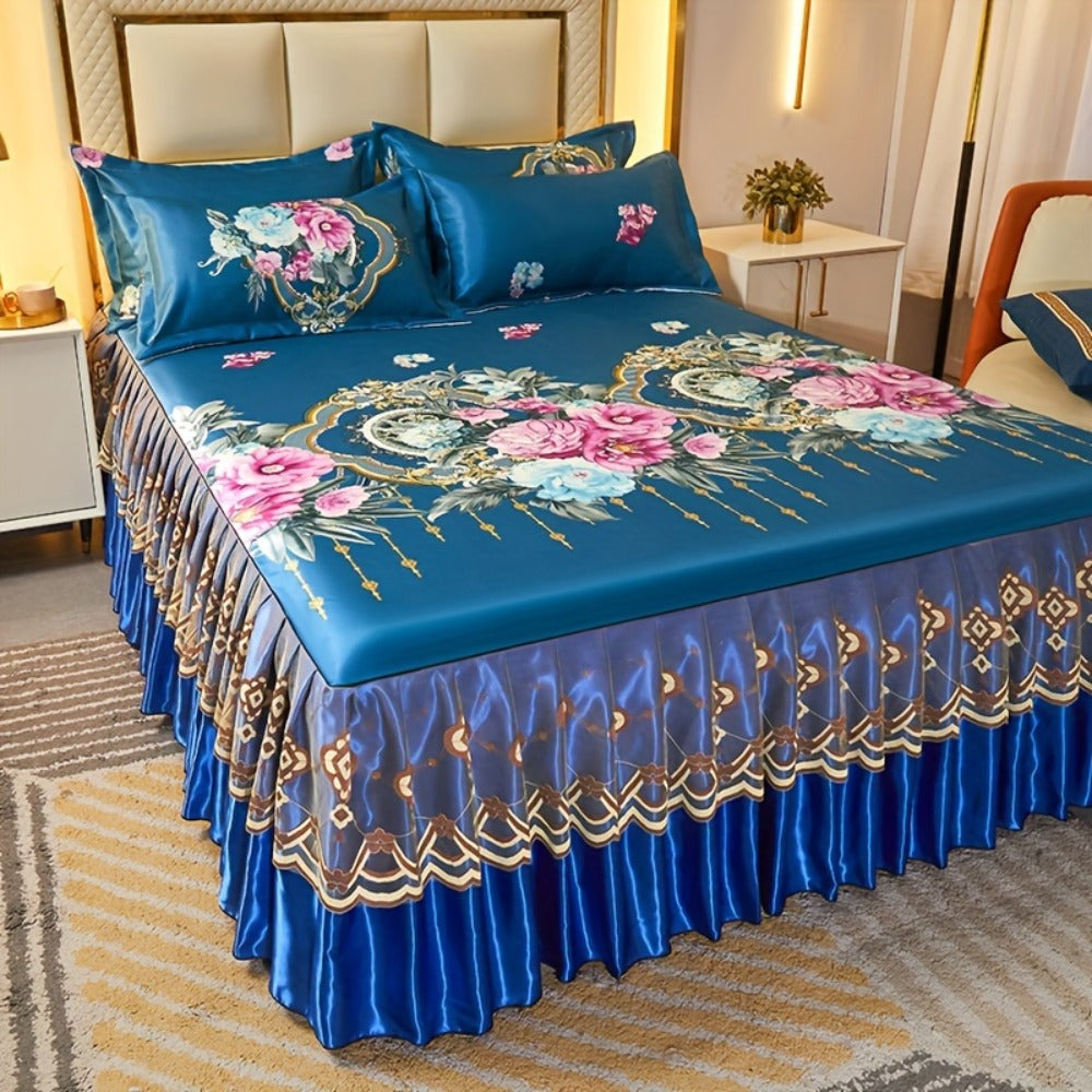 Floral Ruffle Bed Skirt Cool Mat 3 Piece Set with Pillowcase, Double Layer 360° Full Wrap Washable Cooling Mattress Cover, Breathable Summer Bedding Set for Twin Full Queen King, P - product image 13