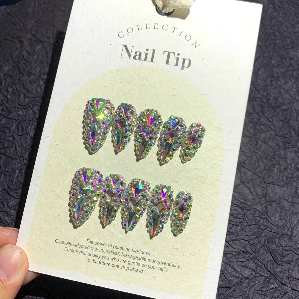 Almond Press On Nails 10pcs Medium Length Glitter Strobe AB Crystal Rhinestone – Color Block Fake Nails Kit with Nail File, Cuticle Stick & Sticker Pad for Party, Wedding, Date Nig - product image 3