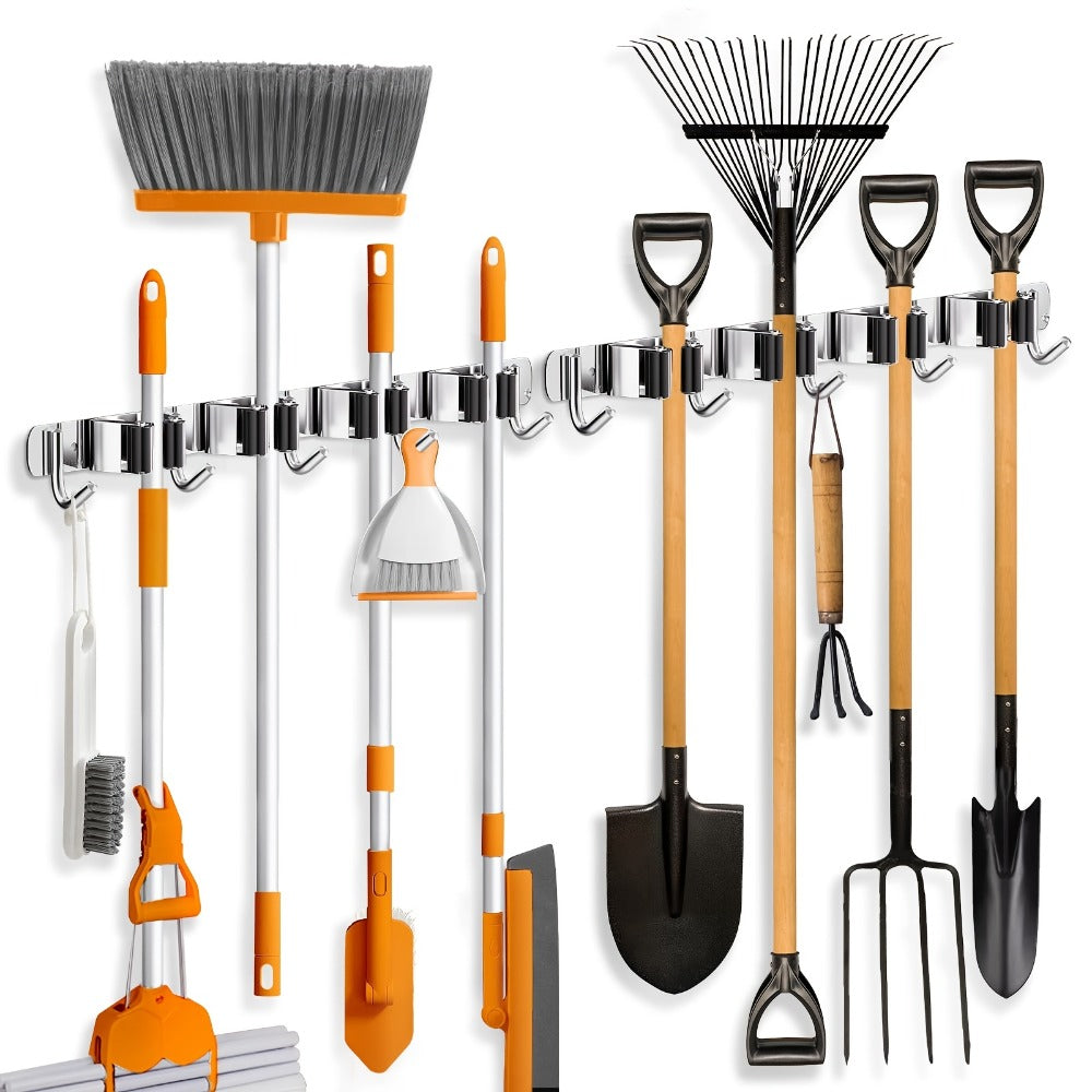 Wall Mounted Broom & Mop Holder – 304 Stainless Steel Broom Organizer with 4 Racks & 5 Hooks – Rustproof Non-Slip Wall Broom Hanger for Kitchen, Garage, Bathroom, Laundry & Closet  - product image 3