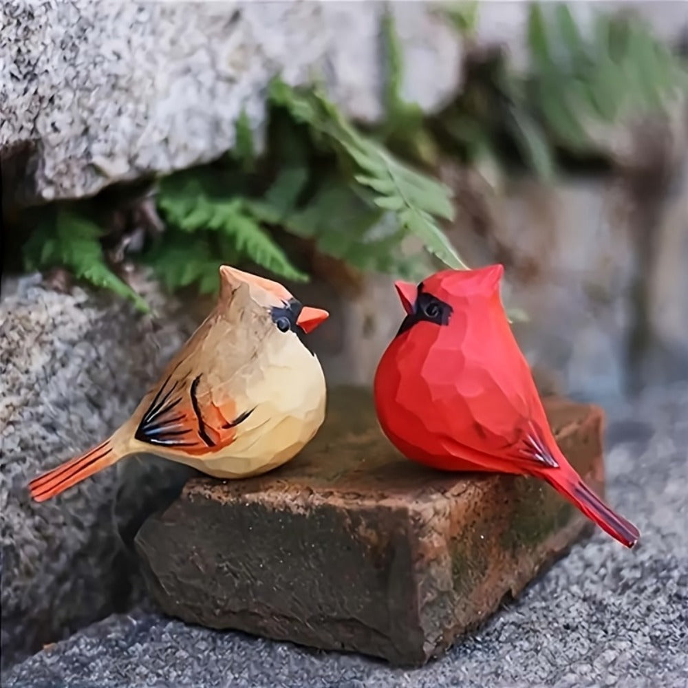 Cardinal Bird Statues Handmade Wood Carving 2pcs - Painted Decorative Bird Figurines for Home Decor Shelf Garden - Best Gift for Bird Lovers Birthday Christmas Family Friends - product image