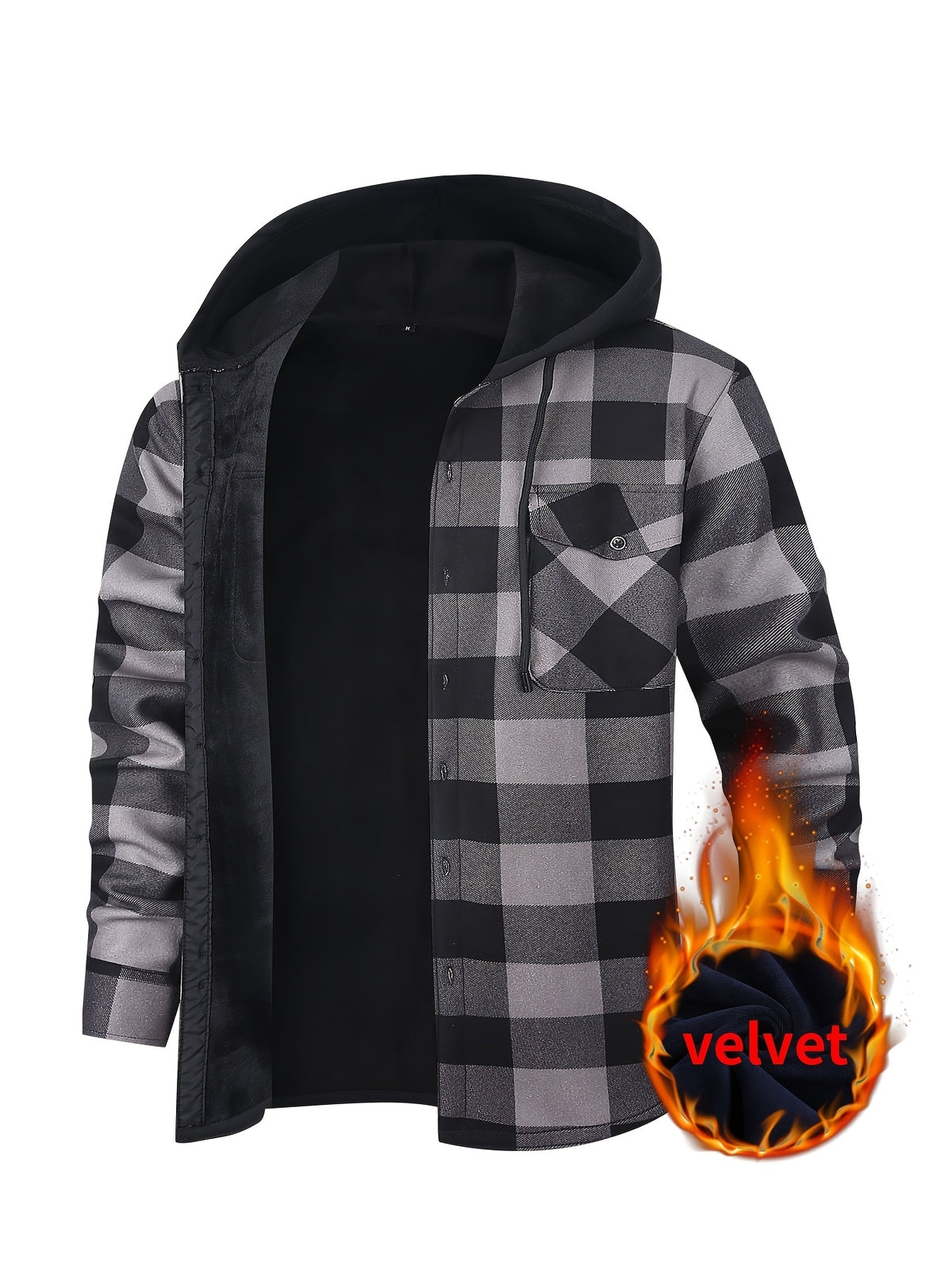 Men's Hooded Plaid Shirt Jacket with Flannel Lining - Thickened Winter, Button Front, Black/White/Gray/Beige Plaid, Euro/American Sizing, Casual Outdoor - product image 5