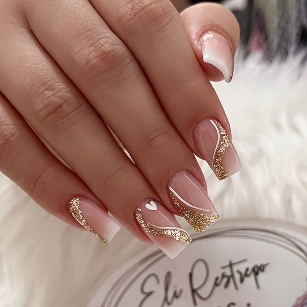 Press On Nails 216 Pieces 9 Boxes Soft Gel Short Square Full Cover Fake Nails Kit – French White Gradient Glitter Heart Matte False Nail Set for Women Girls - product image 9