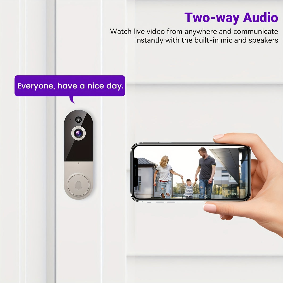 2K Wireless Smart Doorbell, WiFi Camera, Night Vision Function, Artificial Intelligence Snapshot, Rechargeable Battery, Photo and Video Taking, Two-way Intercom, Local Storage