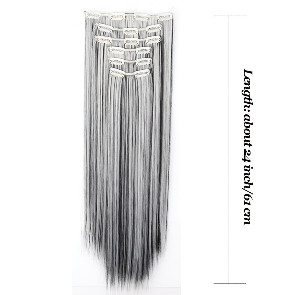 Clip In Hair Extensions Synthetic 6pcs 24 Inch Black Gray Heat Resistant Volume Boosting Hairpiece for Women Daily Wear Halloween Costume Party Cosplay - product image 6