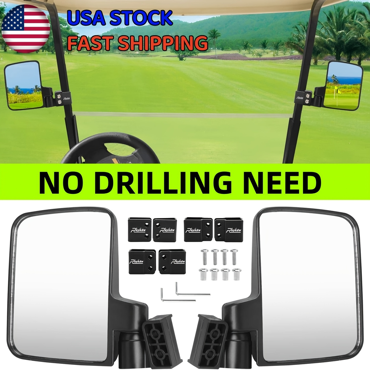 Convex Golf Cart Side Rear View Mirror for EZGO Club Car Yamaha G29 Square Frame | No Drilling Hassle-free Install Wide Angle Blind Spot Mirror - product image 3