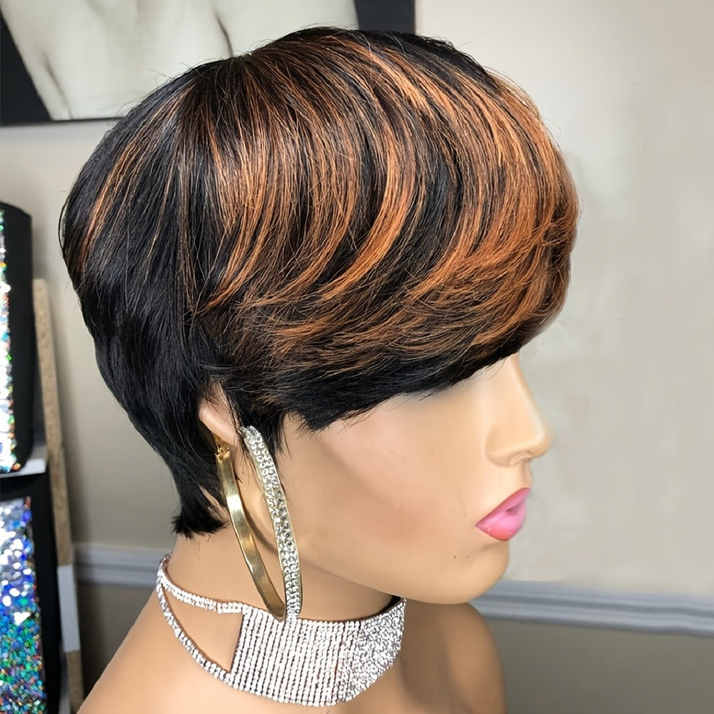Short Pixie Cut Wig with Bangs Black Blonde Layered 4 Inch Rose Net Cap | Brown Blonde Mix Synthetic Wig for Black Women Daily Wear Office Party - product image 7