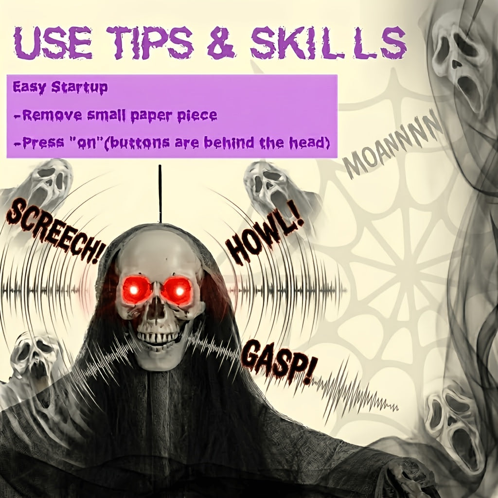 Halloween Decorations: 3pcs Hanging Skeleton & Set (Sound-Activated Light-Up Eyes) Indoor/Outdoor Yard & Lawn Spooky, Colorful Fabric "Grim Reaper" - product image 5