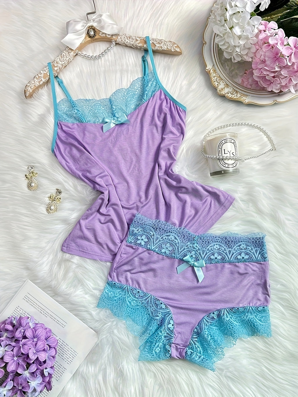 Contrast Color Lace Splicing V-Neck Bow Splicing Soft and Comfortable Skin-Friendly Casual Home Pajamas Set - product image 10
