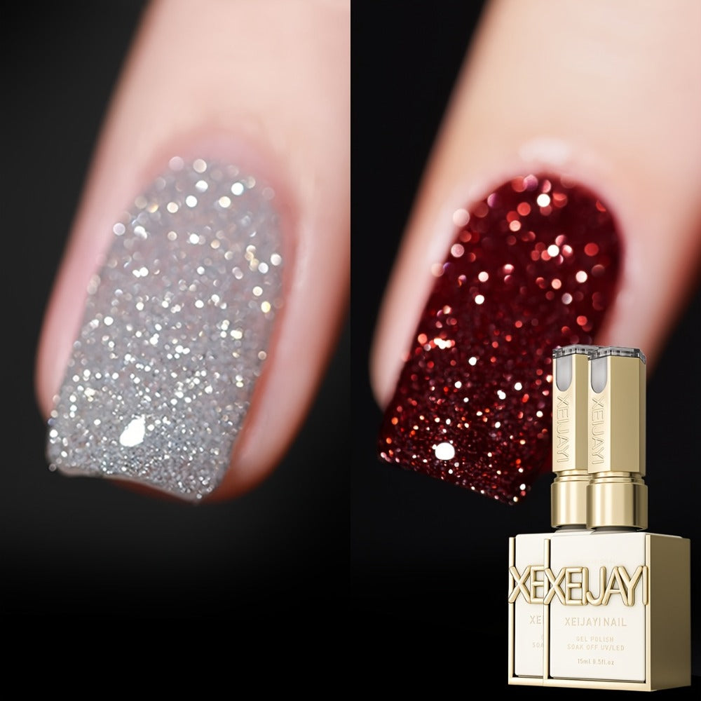 Explosive Glitter Gel Nail Polish 2pcs Shattered Flash Silvery Red – High Saturation Sparkle Long-Lasting Gel in Gilt Bottle, Christmas Holiday Salon Manicure Nail Art Gift for Wom - product image