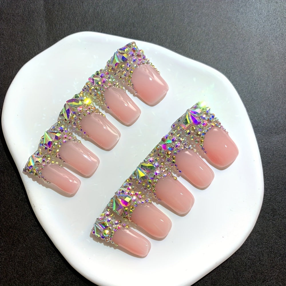 Press On Nails Duckbill French Tip AB Diamond Shiny Nude – Long Handmade Wearable Nail Set 10pcs with Tools for Wedding Party Date School S/M/L - product image 8