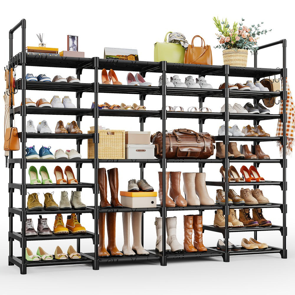 Large Metal Shoe Rack 4-Row 9-Tier Freestanding Shoe Organizer for Entryway Bedroom Hallway | 64-Pair Capacity Shoe Tower with Golden Tubes DIY Adjustable Shelves Space-Saving Vert - product image 3