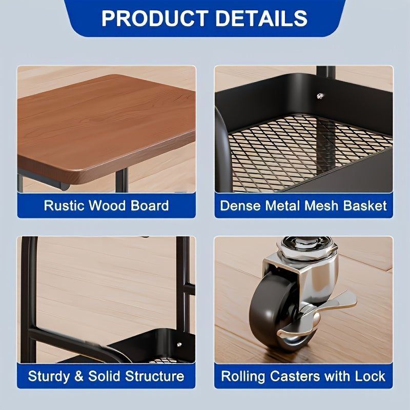 Three-layer Rolling Cart, Multi-functional Metal Storage Rack, Snack Rack, Durable Steel Frame, Portable Wheels, Suitable for Home or Office Use, Office - product image 10