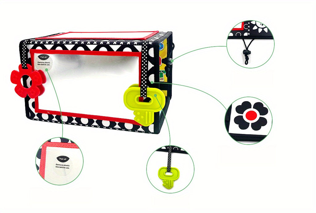 Double-Sided Tummy Time Floor Mirror with Teethers - Black & White High Contrast Baby Toys for Sensory Development, Crawling Aid with Interactive Animal & Geometric Patterns