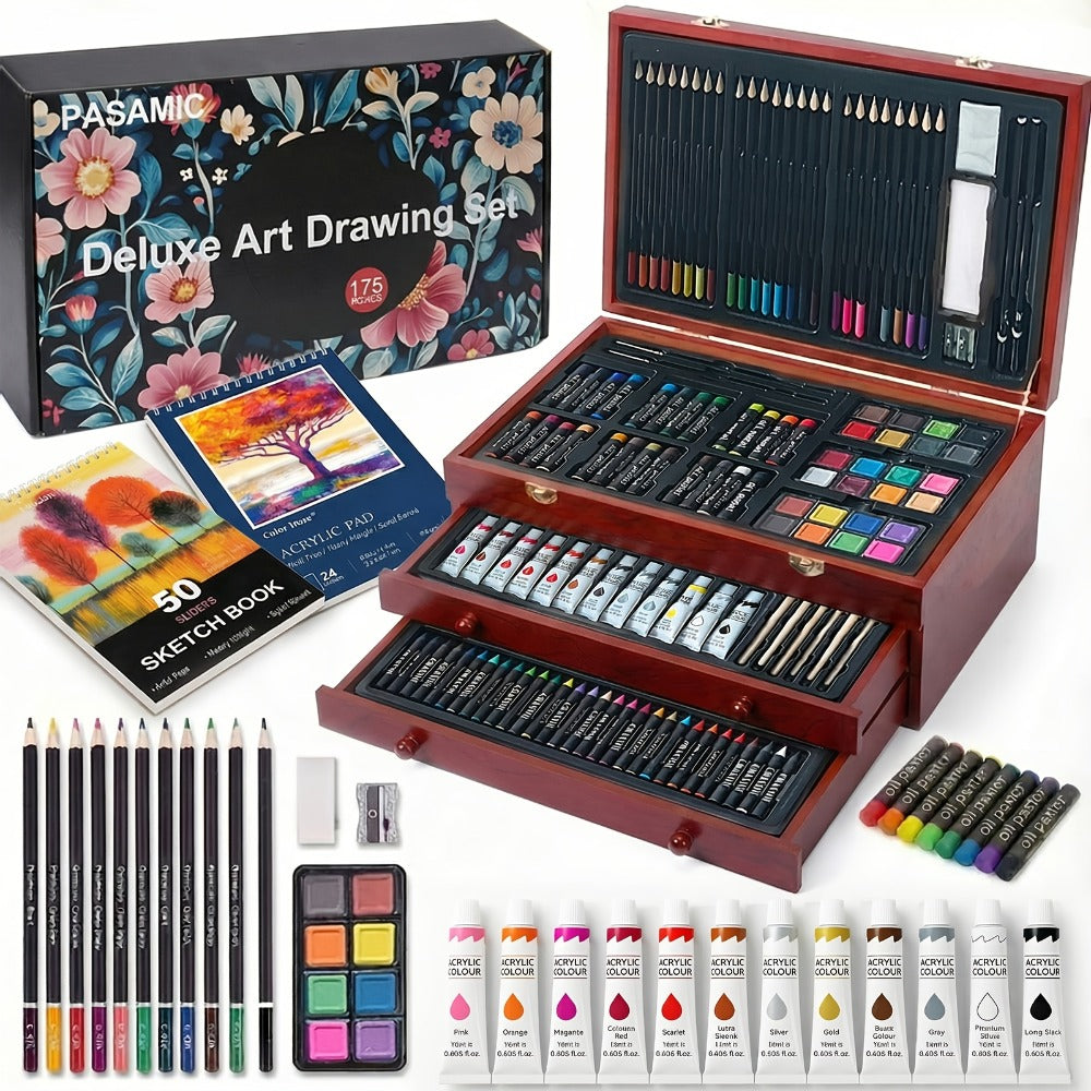 172 Piece Deluxe Art Set in Wooden Case with 2 Drawing Pads Crayons Acrylic Paints Colored Pencils Professional Art Kit Gift Box for Artists Beginners Ages 8+ Birthday Christmas for Festive Home Decor