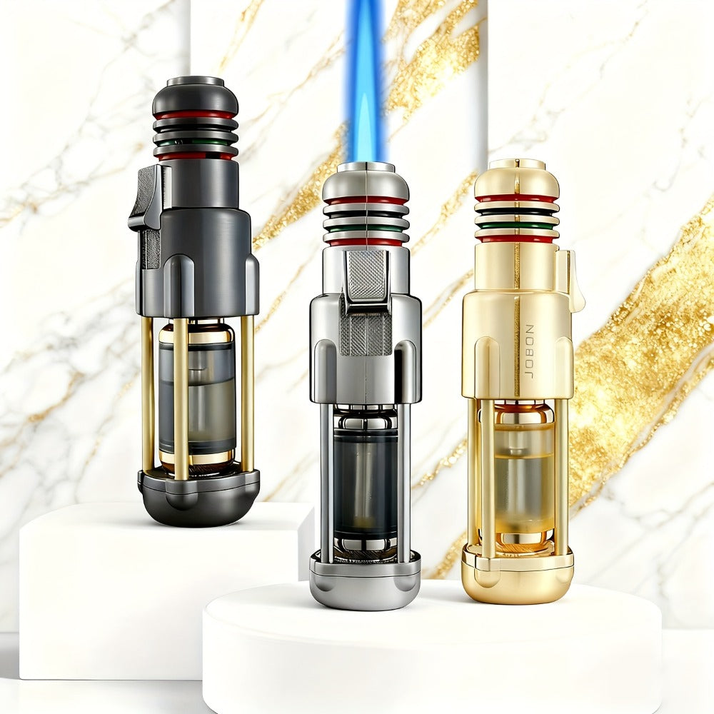 Butane Torch Lighter Windproof Jet Flame Zinc Alloy Refillable – Visible Fuel Tank, Adjustable Blue Flame, Rocket Design for Camping, BBQ, Cigar & Outdoor Use, Grey & Golden (No Bu - product image