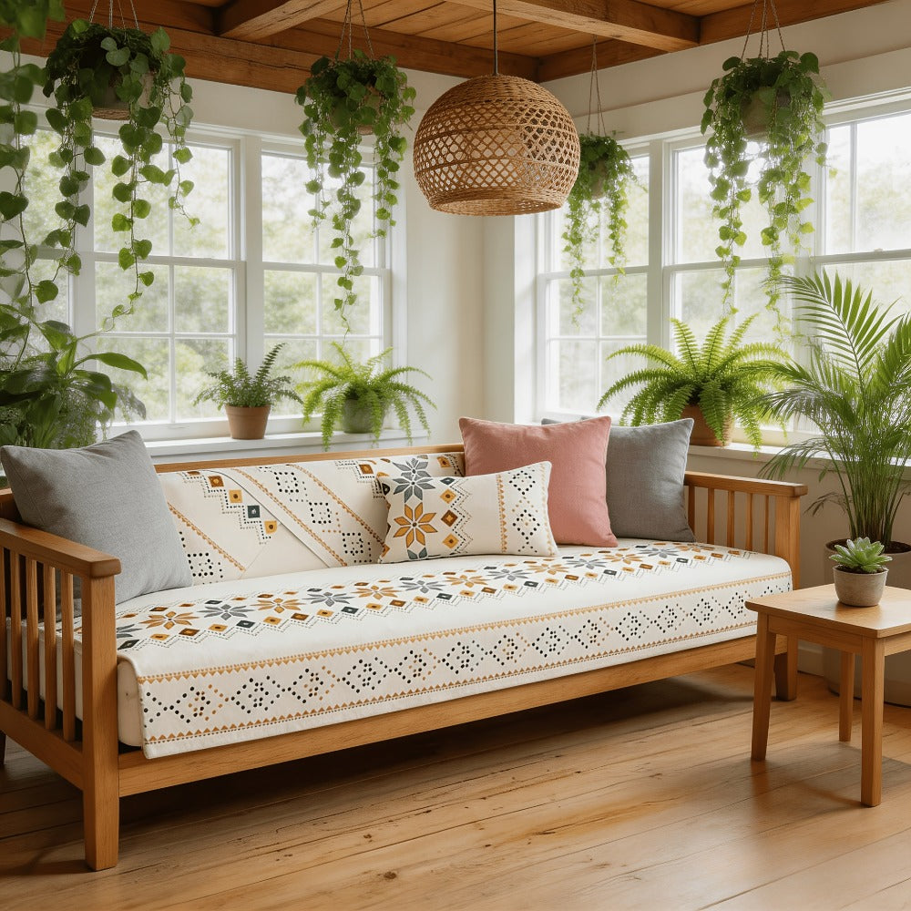 Chenille Sofa Cover Bohemian Style 1pc - Ethnic Pattern Anti-Slip Cat Scratch Resistant Skin-Friendly Couch Slipcover | 2 3 4 Seat Sizes White Green | Living Room Bedroom Office So - product image 9
